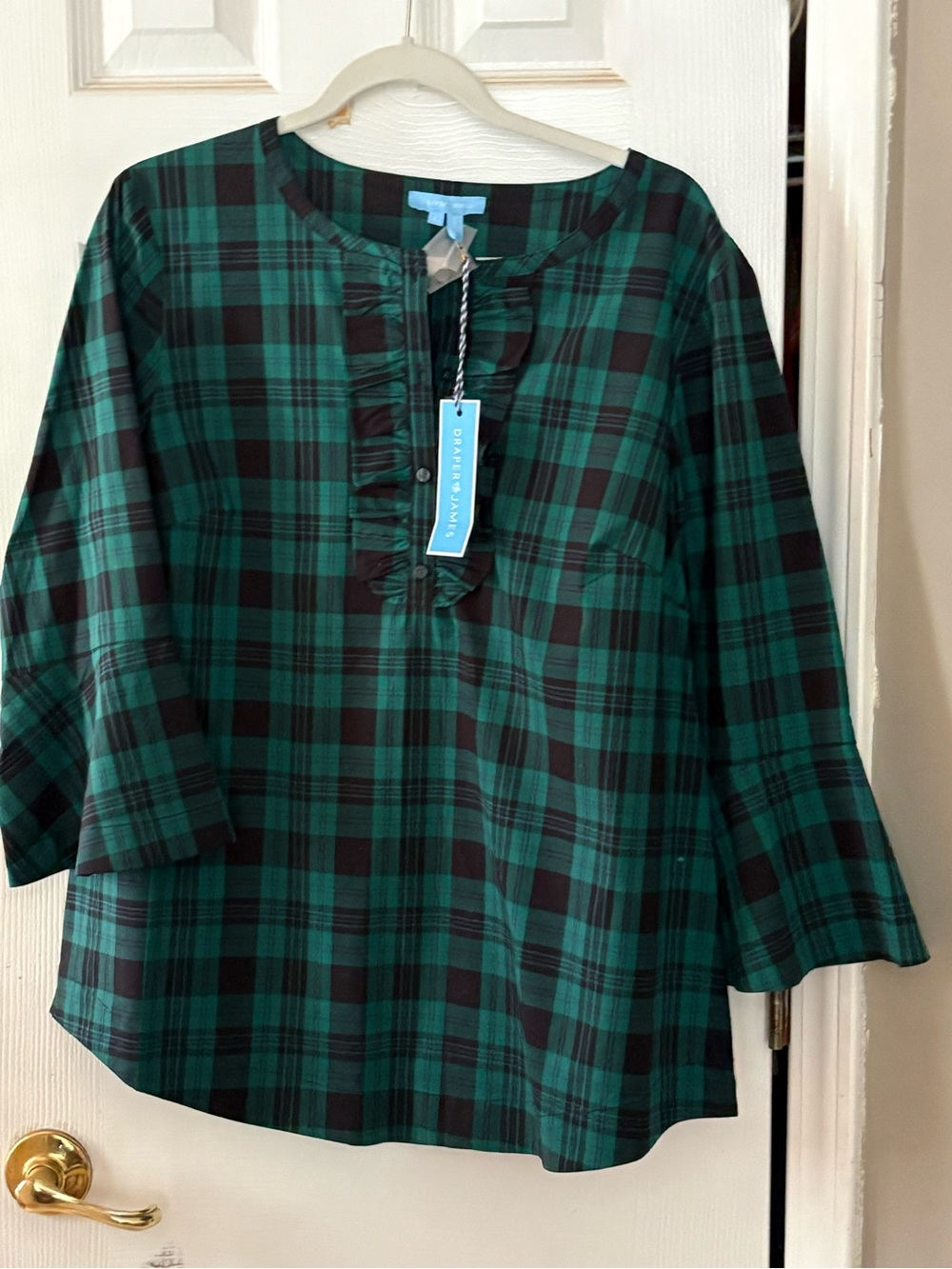 Draper James Green and Black Plaid Ruffle Henley Tunic
